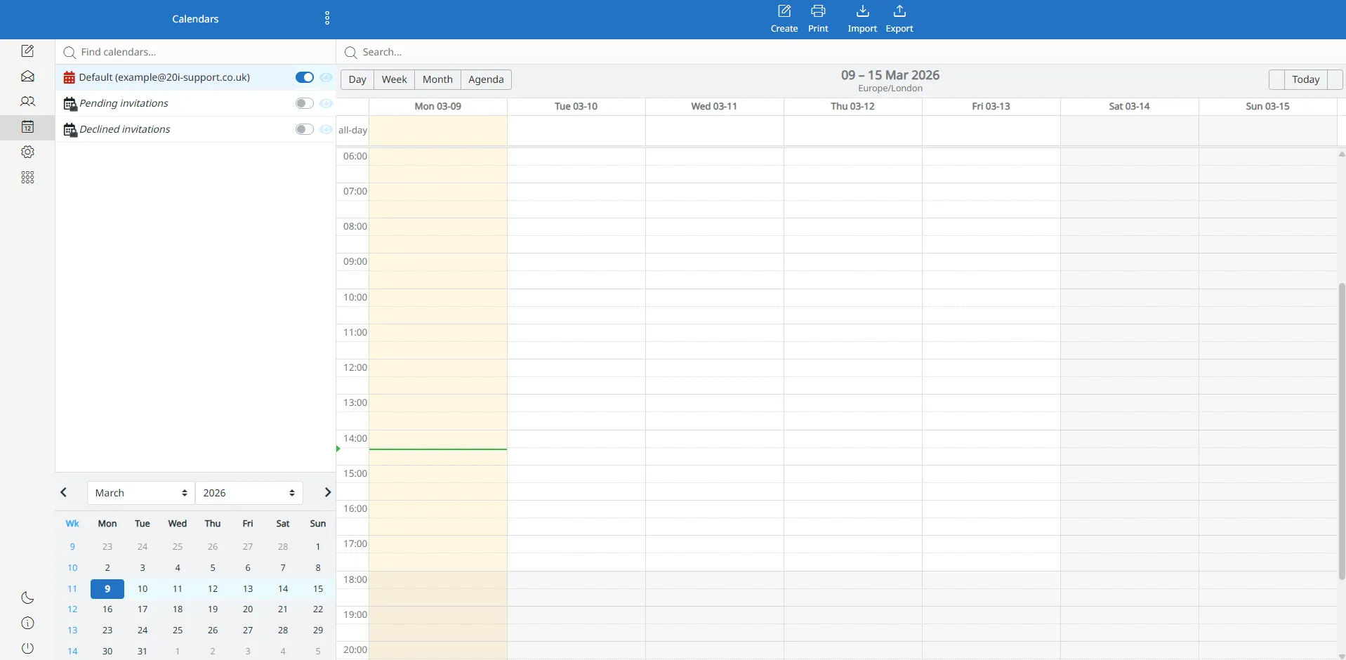 The Premium Mailbox webmail calendar — week view with shared calendars and a mini month picker