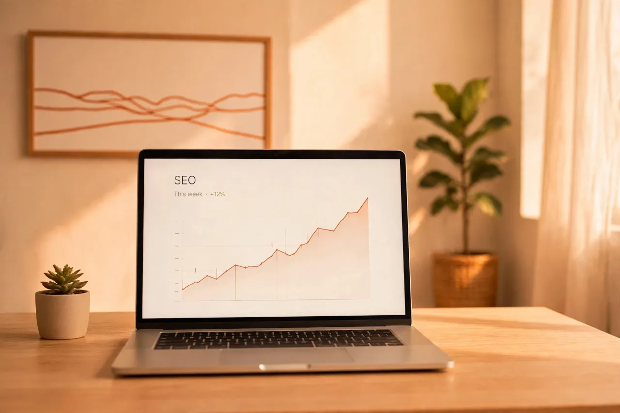 A laptop on a desk showing an SEO traffic chart trending upward